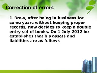 Correction of errors
J. Brew, after being in business for
some years without keeping proper
records, now decides to keep a double
entry set of books. On 1 July 2012 he
establishes that his assets and
liabilities are as follows
 