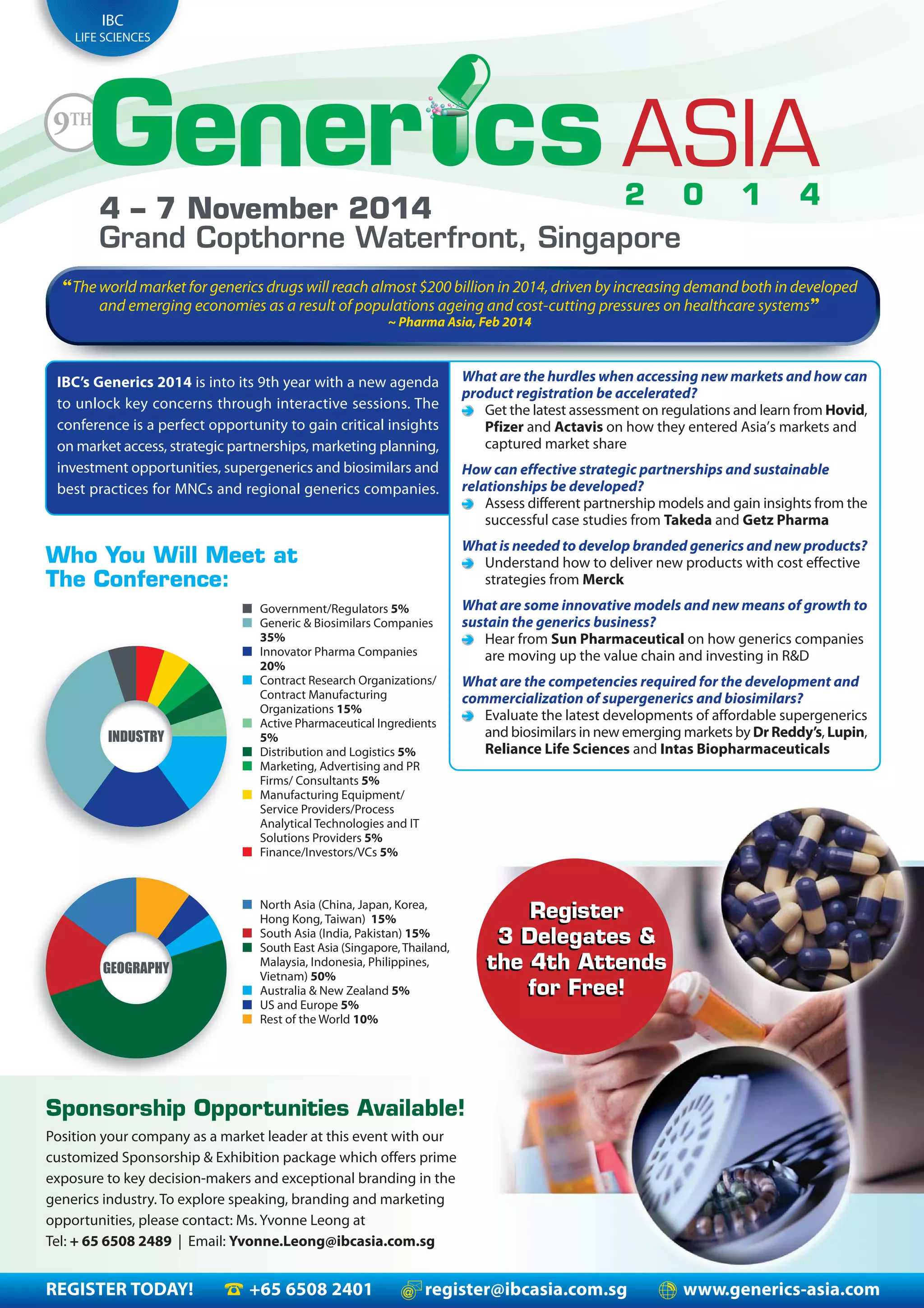 REGISTER TODAY! +65 6508 2401 register@ibcasia.com.sg www.generics-asia.com
IBC
LIFE SCIENCES
2 0 1 4
ASIA9TH
4 – 7 November 2014
Grand Copthorne Waterfront, Singapore
■ North Asia (China, Japan, Korea,
Hong Kong, Taiwan) 15%
■ South Asia (India, Pakistan) 15%
■ South East Asia (Singapore,Thailand,
Malaysia, Indonesia, Philippines,
Vietnam) 50%
■ Australia & New Zealand 5%
■ US and Europe 5%
■ Rest of the World 10%
“The world market for generics drugs will reach almost $200 billion in 2014, driven by increasing demand both in developed
and emerging economies as a result of populations ageing and cost-cutting pressures on healthcare systems”
~ Pharma Asia, Feb 2014
IBC’s Generics 2014 is into its 9th year with a new agenda
to unlock key concerns through interactive sessions. The
conference is a perfect opportunity to gain critical insights
on market access, strategic partnerships, marketing planning,
investment opportunities, supergenerics and biosimilars and
best practices for MNCs and regional generics companies.
What are the hurdles when accessing new markets and how can
product registration be accelerated?
Get the latest assessment on regulations and learn from Hovid,
Pfizer and Actavis on how they entered Asia’s markets and
captured market share
How can effective strategic partnerships and sustainable
relationships be developed?
Assess different partnership models and gain insights from the
successful case studies from Takeda and Getz Pharma
What is needed to develop branded generics and new products?
Understand how to deliver new products with cost effective
strategies from Merck
What are some innovative models and new means of growth to
sustain the generics business?
Hear from Sun Pharmaceutical on how generics companies
are moving up the value chain and investing in R&D
What are the competencies required for the development and
commercialization of supergenerics and biosimilars?
Evaluate the latest developments of affordable supergenerics
and biosimilars in new emerging markets by Dr Reddy’s, Lupin,
Reliance Life Sciences and Intas Biopharmaceuticals
Sponsorship Opportunities Available!
Position your company as a market leader at this event with our
customized Sponsorship & Exhibition package which offers prime
exposure to key decision-makers and exceptional branding in the
generics industry. To explore speaking, branding and marketing
opportunities, please contact: Ms. Yvonne Leong at
Tel: + 65 6508 2489 | Email: Yvonne.Leong@ibcasia.com.sg
Who You Will Meet at
The Conference:
■ Government/Regulators 5%
■ Generic & Biosimilars Companies
35%
■ Innovator Pharma Companies
20%
■ Contract Research Organizations/
Contract Manufacturing
Organizations 15%
■ Active Pharmaceutical Ingredients
5%
■ Distribution and Logistics 5%
■ Marketing, Advertising and PR
Firms/ Consultants 5%
■ Manufacturing Equipment/
Service Providers/Process
Analytical Technologies and IT
Solutions Providers 5%
■ Finance/Investors/VCs 5%
INDUSTRY
GEOGRAPHY
Register
3 Delegates &
the 4th Attends
for Free!
Register
3 Delegates &
the 4th Attends
for Free!
 