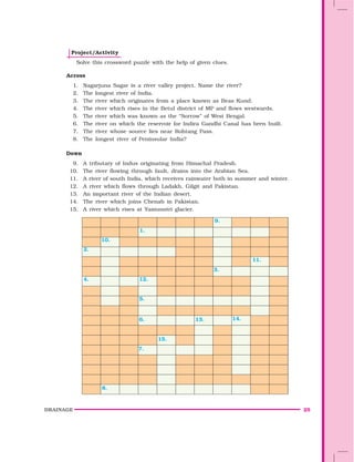 DRAINAGE 25
Project/Activity
Solve this crossword puzzle with the help of given clues.
Across
1. Nagarjuna Sagar is a river valley project. Name the river?
2. The longest river of India.
3. The river which originates from a place known as Beas Kund.
4. The river which rises in the Betul district of MP and flows westwards.
5. The river which was known as the “Sorrow” of West Bengal.
6. The river on which the reservoir for Indira Gandhi Canal has been built.
7. The river whose source lies near Rohtang Pass.
8. The longest river of Peninsular India?
Down
9. A tributary of Indus originating from Himachal Pradesh.
10. The river flowing through fault, drains into the Arabian Sea.
11. A river of south India, which receives rainwater both in summer and winter.
12. A river which flows through Ladakh, Gilgit and Pakistan.
13. An important river of the Indian desert.
14. The river which joins Chenab in Pakistan.
15. A river which rises at Yamunotri glacier.
 