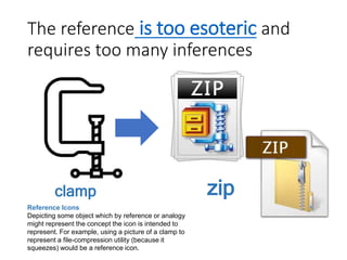 The reference is too esoteric and
requires too many inferences
Reference Icons
Depicting some object which by reference or analogy
might represent the concept the icon is intended to
represent. For example, using a picture of a clamp to
represent a file-compression utility (because it
squeezes) would be a reference icon.
clamp zip
 