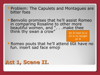 Act 1, Scene II.Act 1, Scene II.
Problem: The Capulets and Montagues are
bitter foes
Benvolio promises that he’ll assist Romeo
in comparing Rosaline to other more
beautiful women, and “. . .make thee
think thy swan a crow”
Romeo pouts that he’ll attend but have no
fun. insert sad face emoji
An 8 next to a
10 is no longer
an 8
 