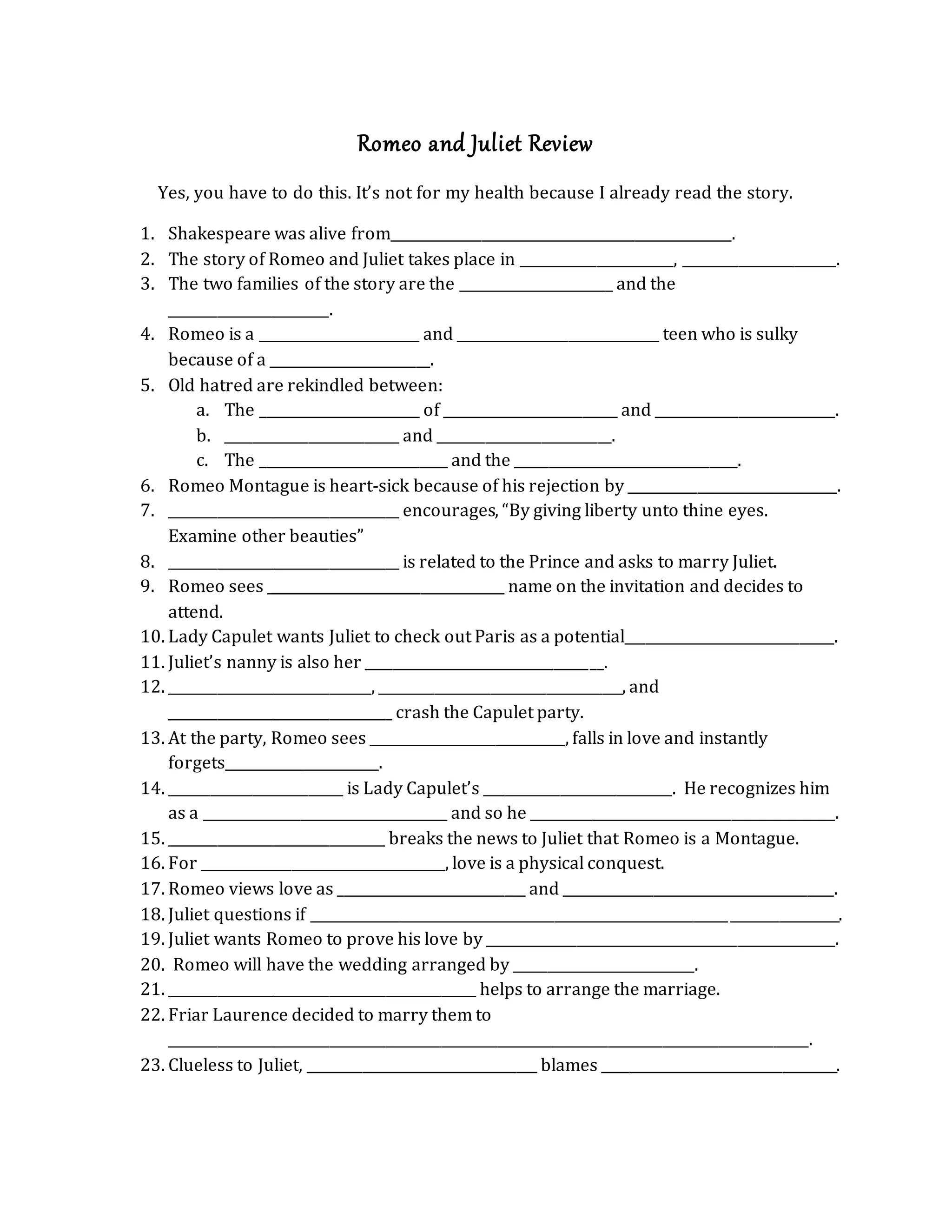 Romeo and Juliet Summary Review sheet PDF Free Download