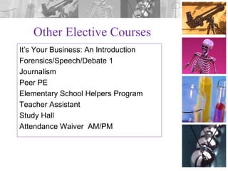 Other Elective Courses
It’s Your Business: An Introduction
Forensics/Speech/Debate 1
Journalism
Peer PE
Elementary School Helpers Program
Teacher Assistant
Study Hall
Attendance Waiver AM/PM

 