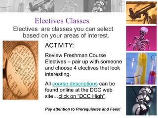 Electives Classes
Electives are classes you can select
based on your areas of interest.
ACTIVITY:
Review Freshman Course
Electives – pair up with someone
and choose 4 electives that look
interesting.
All course descriptions can be
found online at the DCC web
site…click on “DCC High”.
Pay attention to Prerequisites and Fees!

 
