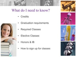 What do I need to know?
• Credits
• Graduation requirements
• Required Classes
• Elective Classes
• Honors & IB
• How to sign up for classes

 