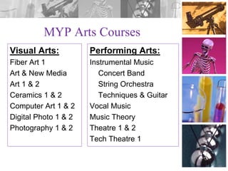 MYP Arts Courses
Visual Arts:

Performing Arts:

Fiber Art 1
Art & New Media
Art 1 & 2
Ceramics 1 & 2
Computer Art 1 & 2
Digital Photo 1 & 2
Photography 1 & 2

Instrumental Music
Concert Band
String Orchestra
Techniques & Guitar
Vocal Music
Music Theory
Theatre 1 & 2
Tech Theatre 1

 