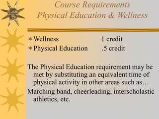 Course Requirements 
Physical Education & Wellness 
Wellness 1 credit 
Physical Education .5 credit 
The Physical Education requirement may be 
met by substituting an equivalent time of 
physical activity in other areas such as… 
Marching band, cheerleading, interscholastic 
athletics, etc. 
 