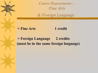 Course Requirements… 
Fine Arts 
& Foreign Language 
 Fine Arts 1 credit 
Foreign Language 2 credits 
(must be in the same foreign language) 
 