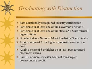 Graduating with Distinction 
 Earn a nationally recognized industry certification 
 Participate in at least one of the Governor’s Schools 
 Participate in at least one of the state’s All State musical 
organizations 
 Be selected as a National Merit Finalist or Semi-Finalist 
 Attain a score of 31 or higher composite score on the 
ACT 
 Attain a score of 3 or higher on at least two advanced 
placement exams 
 Earn 12 or more semester hours of transcripted 
postsecondary credit. 
 