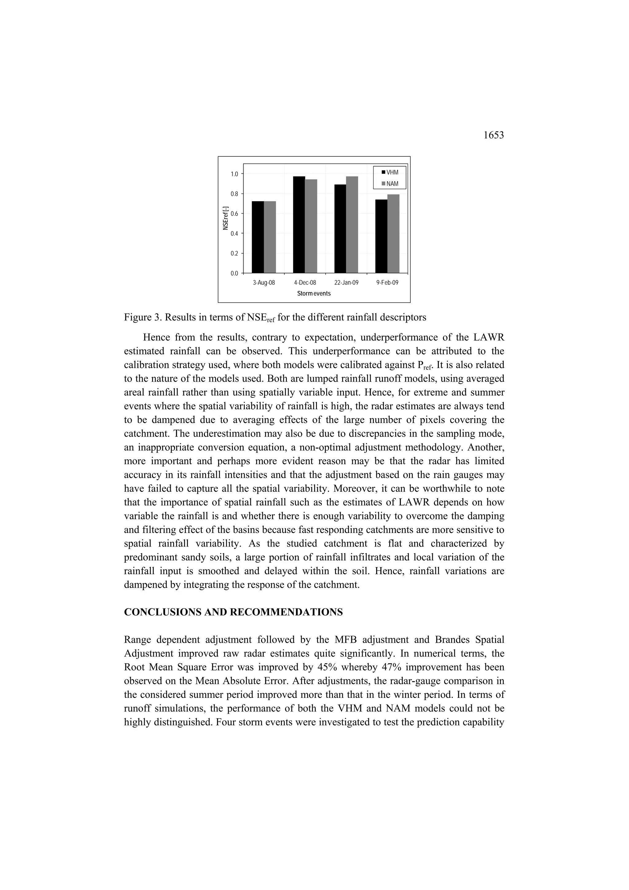1653


                                     1.0                                             VHM
                                                                                     NAM
                                     0.8



                        NSEref [-]
                                     0.6


                                     0.4


                                     0.2


                                     0.0
                                           3-Aug-08   4-Dec-08        22-Jan-09   9-Feb-09
                                                       Storm events


Figure 3. Results in terms of NSEref for the different rainfall descriptors
     Hence from the results, contrary to expectation, underperformance of the LAWR
estimated rainfall can be observed. This underperformance can be attributed to the
calibration strategy used, where both models were calibrated against Pref. It is also related
to the nature of the models used. Both are lumped rainfall runoff models, using averaged
areal rainfall rather than using spatially variable input. Hence, for extreme and summer
events where the spatial variability of rainfall is high, the radar estimates are always tend
to be dampened due to averaging effects of the large number of pixels covering the
catchment. The underestimation may also be due to discrepancies in the sampling mode,
an inappropriate conversion equation, a non-optimal adjustment methodology. Another,
more important and perhaps more evident reason may be that the radar has limited
accuracy in its rainfall intensities and that the adjustment based on the rain gauges may
have failed to capture all the spatial variability. Moreover, it can be worthwhile to note
that the importance of spatial rainfall such as the estimates of LAWR depends on how
variable the rainfall is and whether there is enough variability to overcome the damping
and filtering effect of the basins because fast responding catchments are more sensitive to
spatial rainfall variability. As the studied catchment is flat and characterized by
predominant sandy soils, a large portion of rainfall infiltrates and local variation of the
rainfall input is smoothed and delayed within the soil. Hence, rainfall variations are
dampened by integrating the response of the catchment.

CONCLUSIONS AND RECOMMENDATIONS

Range dependent adjustment followed by the MFB adjustment and Brandes Spatial
Adjustment improved raw radar estimates quite significantly. In numerical terms, the
Root Mean Square Error was improved by 45% whereby 47% improvement has been
observed on the Mean Absolute Error. After adjustments, the radar-gauge comparison in
the considered summer period improved more than that in the winter period. In terms of
runoff simulations, the performance of both the VHM and NAM models could not be
highly distinguished. Four storm events were investigated to test the prediction capability
 