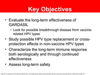 Key Objectives
• Evaluate the long-term effectiveness of
GARDASIL
– Look for possible breakthrough disease from vaccine-
r...