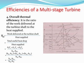 Efficiencies of a Multi-stage Turbine
4. Overall thermal
efficiency: It is the ratio
of the work delivered at
the turbine shaft to the
heat supplied.
ɳo=
Work delivered at the turbine shaft
Heat supplied
=
Total useful heat drop
Heat supplied
=
A1C1 +A2 C2 +A3C3
(hA1-hC1)+(hA2-hC2)+(hA3-hC3)
=
hA1-hfD
hA1-hC3
=
hA1-hD
hA1-hfD
 