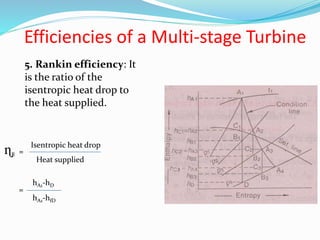 Efficiencies of a Multi-stage Turbine
5. Rankin efficiency: It
is the ratio of the
isentropic heat drop to
the heat supplied.
ɳR =
Isentropic heat drop
Heat supplied
=
hA1-hD
hA1-hfD
 
