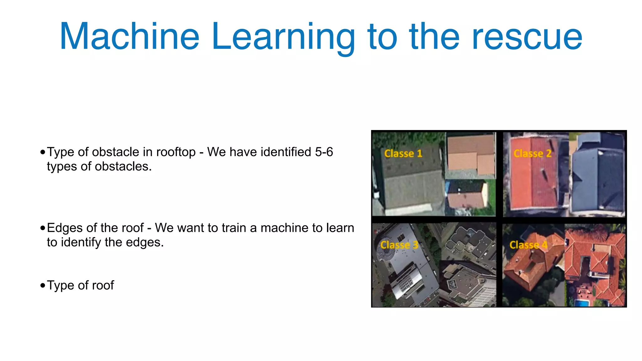 •Type of obstacle in rooftop - We have identified 5-6
types of obstacles.
•Edges of the roof - We want to train a machine to learn
to identify the edges.
•Type of roof
Machine Learning to the rescue
 