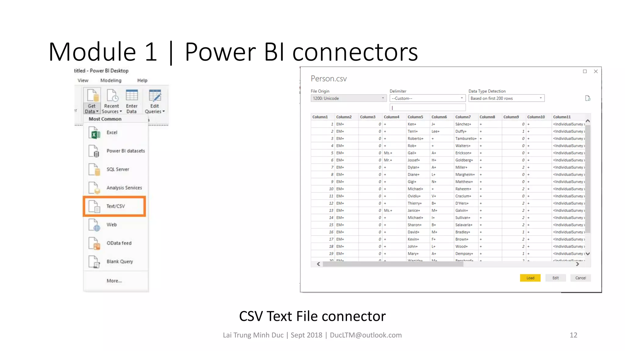 Module 1 | Power BI connectors
Lai Trung Minh Duc | Sept 2018 | DucLTM@outlook.com 12
CSV Text File connector
 