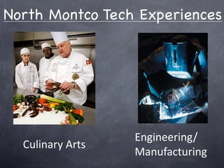 North Montco Tech Experiences




                  Engineering/ 
  Culinary Arts
                  Manufacturing
 