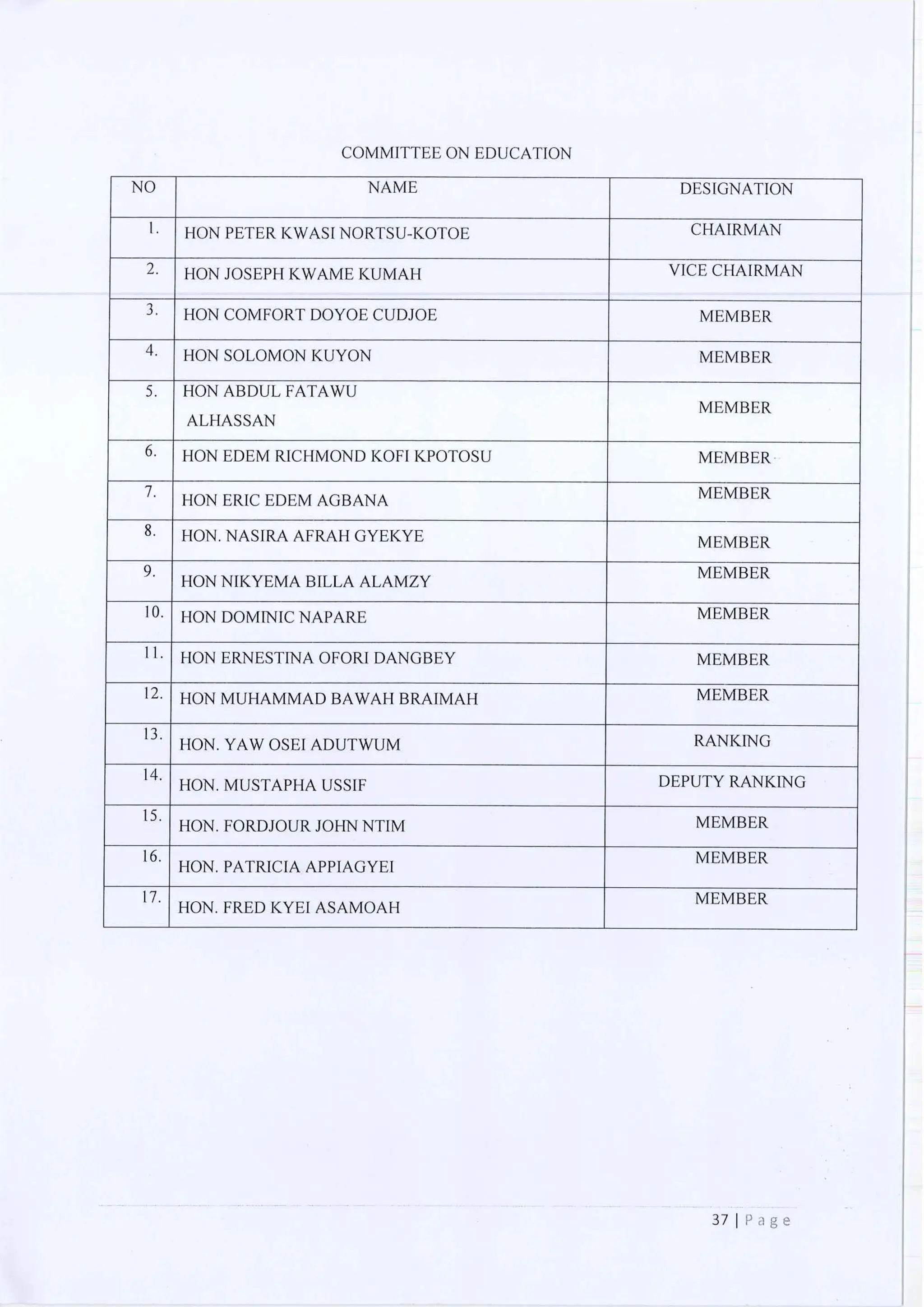 All of the Ninth Parliament Committees in Ghana