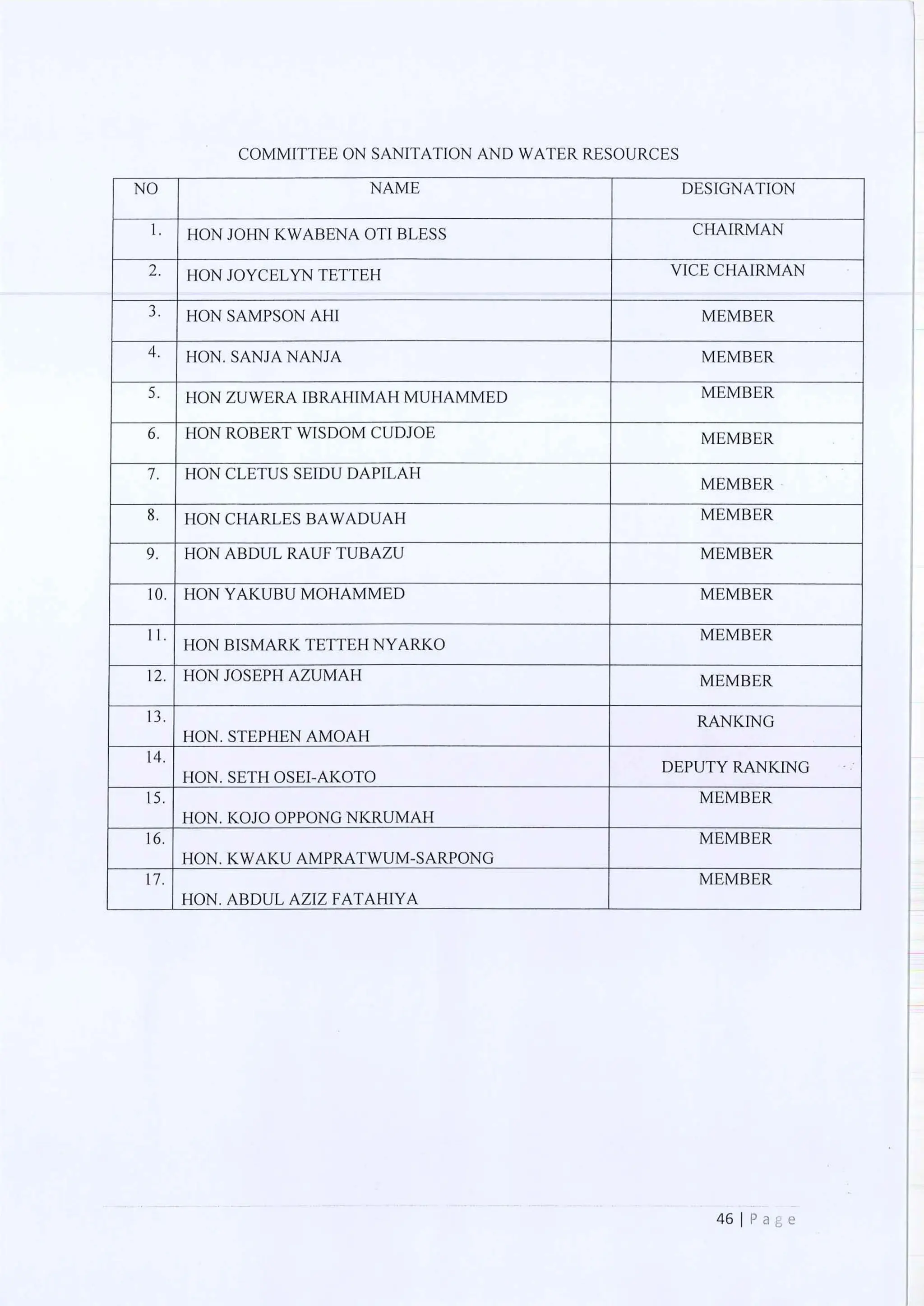 All of the Ninth Parliament Committees in Ghana
