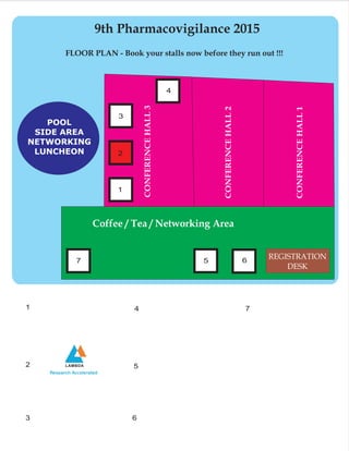 FLOOR PLAN:- Book your stalls now before they run out !!!
1
2 5
3
4
CONFERENCEHALL1
CONFERENCEHALL2
CONFERENCEHALL3
1
Coffee / Tea / Networking Area
POOL
SIDE AREA
NETWORKING
LUNCHEON
4
5 6
2
3
REGISTRATION
DESK
6
9th Pharmacovigilance 2015
FLOOR PLAN - Book your stalls now before they run out !!!
7
7
 