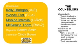 THE
COUNSELORS
Counselors:
Kelly Brangan (A-E)
Wendy Fort (F-Le)
Monica Intravia (Li-Rob)
McKenzie Thom (Roc-Z)
Registrar: Sandra Smith
Secretary: Cindy Brown
We assist with:
* Academic planning
* Career exploration
* Future planning for
post graduation
*Personal and social
situations
How to make an
appointment:
*Come to Student
Services during your
lunch to make an
appointment
*Email your counselor
 