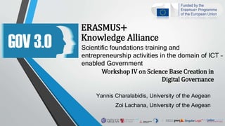 ERASMUS+
Knowledge Alliance
Scientific foundations training and
entrepreneurship activities in the domain of ICT –
enabled Government
Workshop IV on Science Base Creation in
Digital Governance
Yannis Charalabidis, University of the Aegean
Zoi Lachana, University of the Aegean
 