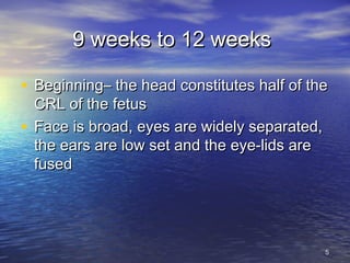 9 weeks to 12 weeks9 weeks to 12 weeks
• Beginning– the head constitutes half of theBeginning– the head constitutes half of the
CRL of the fetusCRL of the fetus
• Face is broad, eyes are widely separated,Face is broad, eyes are widely separated,
the ears are low set and the eye-lids arethe ears are low set and the eye-lids are
fusedfused
55
 