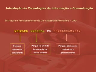 Introdução às Tecnologias da Informação e Comunicação
Estrutura e funcionamento de um sistema informático – CPU
U N I D A D E C E N T R A L D E P R O C E S S A M E N T O
Porque é
apenas um
componente
Porque é a unidade
fundamental de
todo o sistema
Porque é aqui que se
realiza todo o
processamento
 