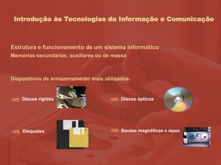 Introdução às Tecnologias da Informação e Comunicação
Estrutura e funcionamento de um sistema informático
Memórias secundárias, auxiliares ou de massa
Dispositivos de armazenamento mais utilizados
Discos rígidos
Disquetes
Discos ópticos
Bandas magnéticas e tapes
 