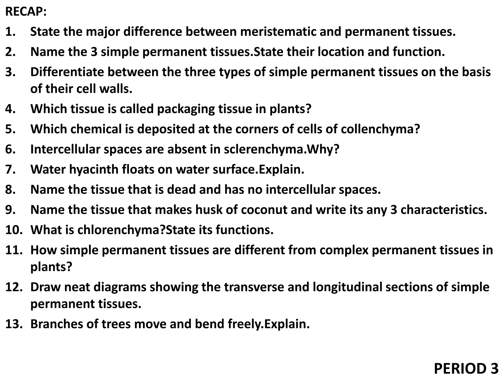 RECAP:
1. State the major difference between meristematic and permanent tissues.
2. Name the 3 simple permanent tissues.State their location and function.
3. Differentiate between the three types of simple permanent tissues on the basis
of their cell walls.
4. Which tissue is called packaging tissue in plants?
5. Which chemical is deposited at the corners of cells of collenchyma?
6. Intercellular spaces are absent in sclerenchyma.Why?
7. Water hyacinth floats on water surface.Explain.
8. Name the tissue that is dead and has no intercellular spaces.
9. Name the tissue that makes husk of coconut and write its any 3 characteristics.
10. What is chlorenchyma?State its functions.
11. How simple permanent tissues are different from complex permanent tissues in
plants?
12. Draw neat diagrams showing the transverse and longitudinal sections of simple
permanent tissues.
13. Branches of trees move and bend freely.Explain.
PERIOD 3
 