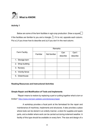 4
What to KNOW:
Activity 1
Below are some of the farm facilities in agri-crop production. Draw a square
if the facilities are familiar to you and a triangle if it is not, opposite each column.
Put a () if you know how to describe and (x) if you don’t in the next column.
Farm Facility
Remarks
Familiar Not familiar
Can
describe
Can’t
describe
1. Storage barn
2. Shop building
3. Nursery
4. Vicinity fence
5. Greenhouse
Reading Resources and Instructional Activities
Simple Repair and Modification of Tools and Implements
“Repair means to restore by replacing a part or putting together what is torn or
broken” http://www.merriam-webster.com/dictionary/repair
A workshop provides a focal point at the farmstead for the repair and
maintenance of machines, implements and structures. It also provides a place
where tools can be stored in an orderly manner, a store for supplies and spare
parts, and a shelter where work can be carried out during inclement weather. A
facility of this type should be available on every farm. The size and design of a
 
