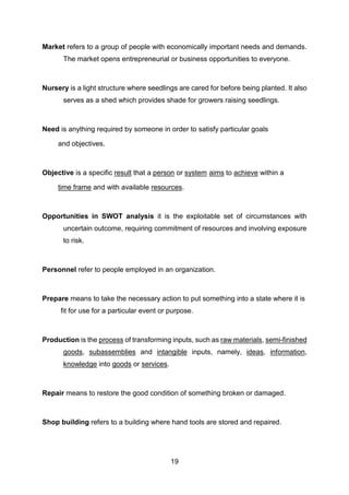 19
Market refers to a group of people with economically important needs and demands.
The market opens entrepreneurial or business opportunities to everyone.
Nursery is a light structure where seedlings are cared for before being planted. It also
serves as a shed which provides shade for growers raising seedlings.
Need is anything required by someone in order to satisfy particular goals
and objectives.
Objective is a specific result that a person or system aims to achieve within a
time frame and with available resources.
Opportunities in SWOT analysis it is the exploitable set of circumstances with
uncertain outcome, requiring commitment of resources and involving exposure
to risk.
Personnel refer to people employed in an organization.
Prepare means to take the necessary action to put something into a state where it is
fit for use for a particular event or purpose.
Production is the process of transforming inputs, such as raw materials, semi-finished
goods, subassemblies and intangible inputs, namely, ideas, information,
knowledge into goods or services.
Repair means to restore the good condition of something broken or damaged.
Shop building refers to a building where hand tools are stored and repaired.
 