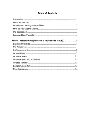 Table of Contents
Introduction ........................................................................................1
General Objectives..............................................................................1
What is this Learning Material About .....................................................2
How Do You Use the Module................................................................2
Pre-assessment..................................................................................3
Learning Goals/ Targets.......................................................................4
Module I Personal Entrepreneurial Competencies (PECs).................... 5
Learning Objectives.............................................................................6
Pre-Assessment..................................................................................6
Self-Assessment .................................................................................8
What to Know .....................................................................................9
What to Process................................................................................11
What to Reflect and Understand .........................................................13
What to Transfer ...............................................................................15
Sample Action Plan ...........................................................................15
Post-Assessment ..............................................................................16
 