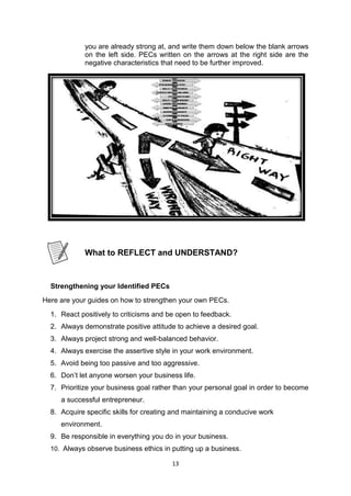 13
you are already strong at, and write them down below the blank arrows
on the left side. PECs written on the arrows at the right side are the
negative characteristics that need to be further improved.
What to REFLECT and UNDERSTAND?
Strengthening your Identified PECs
Here are your guides on how to strengthen your own PECs.
1. React positively to criticisms and be open to feedback.
2. Always demonstrate positive attitude to achieve a desired goal.
3. Always project strong and well-balanced behavior.
4. Always exercise the assertive style in your work environment.
5. Avoid being too passive and too aggressive.
6. Don’t let anyone worsen your business life.
7. Prioritize your business goal rather than your personal goal in order to become
a successful entrepreneur.
8. Acquire specific skills for creating and maintaining a conducive work
environment.
9. Be responsible in everything you do in your business.
10. Always observe business ethics in putting up a business.
 