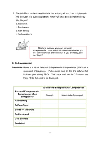 8
This time evaluate your own personal
entrepreneurial characteristics to determine whether you
too, can become an entrepreneur. If you are ready, you
may begin!
5. She tells Mary, her best friend that she has a strong will and does not give up to
find a solution to a business problem. What PECs has been demonstrated by
Mrs. Magno?
a. Hard work
b. Persistence
c. Risk- taking
d. Self-confidence
C. Self- Assessment
Directions: Below is a list of Personal Entrepreneurial Competencies (PECs) of a
successful entrepreneur. Put a check mark on the 2nd column that
indicates your strong PECs. The check mark on the 3rd column are
those PECs that need to be developed.
Personal Entrepreneurial
Competencies of an
Entrepreneur
My Personal Entrepreneurial Competencies
Strength Needs to be Developed
Hardworking
Self-confident
Builds for the future
Profit-oriented
Goal-oriented
Persistent
 