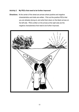 13
Activity 2. My PECs that need to be further improved
Directions: At the center of the street are arrows where positive and negative
characteristics and traits are written. Pick out the positive PECs that
you are already strong at, and write them down on the blank arrows on
the left side. PECs written on the arrows at the right side are the
negative characteristics that need to be further improved.
 