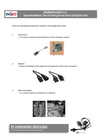 21 | P a g e
PC HARDWARE SERVICING
The Strengthened Technical-Vocational Education Program
1.
These are the following materials needed in the Configuration task:
Connectors
- It is used to connect external devices to the computer system.
2. Adapter
- A piece of hardware that plugs into an expansion slot in your computer.
3. Wires and Cables
- It is used to connect computers for network.
 