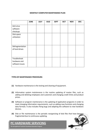 7 | P a g e
PC HARDWARE SERVICING
The Strengthened Technical-Vocational Education Program
MONTHLY COMPUTER MAINTENANCE PLAN
JUNE JULY AUG SEPT OCT NOV DEC
Anti virus
software
checkups
Disk space
utilization
Defragmentation
of hard drives
Troubleshoot
hardware and
software issues
TYPES OF MAINTENANCE PROCEDURE:
(1) Hardware maintenance is the testing and cleaning of equipment.
(2) Information system maintenance is the routine updating of master files, such as
adding and deleting employees and customers and changing credit limits and product
prices.
(3) Software or program maintenance is the updating of application programs in order to
meet changing information requirements, such as adding new functions and changing
data formats. It also includes fixing bugs and adapting the software to new hardware
devices.
(4) Disk or file maintenance is the periodic reorganizing of disk files that have become
fragmented due to continuous updating.
 