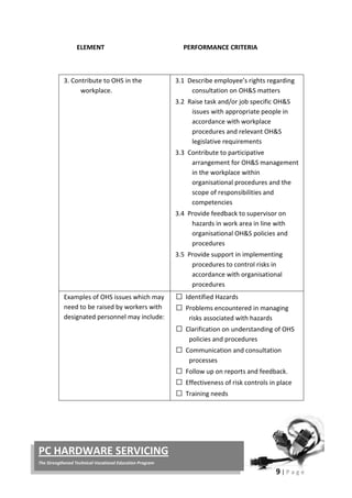 9 | P a g e
PC HARDWARE SERVICING
The Strengthened Technical-Vocational Education Program
ELEMENT PERFORMANCE CRITERIA
3. Contribute to OHS in the
workplace.
3.1 Describe employee’s rights regarding
consultation on OH&S matters
3.2 Raise task and/or job specific OH&S
issues with appropriate people in
accordance with workplace
procedures and relevant OH&S
legislative requirements
3.3 Contribute to participative
arrangement for OH&S management
in the workplace within
organisational procedures and the
scope of responsibilities and
competencies
3.4 Provide feedback to supervisor on
hazards in work area in line with
organisational OH&S policies and
procedures
3.5 Provide support in implementing
procedures to control risks in
accordance with organisational
procedures
Examples of OHS issues which may
need to be raised by workers with
designated personnel may include:
 Identified Hazards
 Problems encountered in managing
risks associated with hazards
 Clarification on understanding of OHS
policies and procedures
 Communication and consultation
processes
 Follow up on reports and feedback.
 Effectiveness of risk controls in place
 Training needs
 