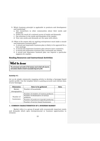 22
9. Which business principle is applicable in products and development
and marketing?
a. Ask researchers in other communities about their needs and
demands.
b. Follow the result of a national survey of needs and demands.
c. Pay attention to the needs and demands of the market.
d. Your own needs and demands are the same with others.
10. What is the reason why an aspiring entrepreneur must make a sound
and impressive business plan?
a. A sound and impressive business plan is likely to be approved for a
loan package.
b. A sound and impressive business plan attracts more customers.
c. A sound and impressive business plan commands tax rebates.
d. A sound and impressive business plan can improve a particular
segment of a market.
Reading Resources and Instructional Activities
Activity #1:
Let us do simple community mapping activity to develop a barangay-based
market profile. Use the template below in posting accurate and relevant data
of your barangay.
Dimension Data to be gathered Data
Market
demographics
Number of households
Number of
businesses
Number of retailers of various products
Number of wholesalers of various
products
Number of producers (specify products)
Number of service-based businesses
1. COMMON CHARACTERISTICS OF A BUSINESS MARKET
Market refers to a group of people with economically important needs
and demands which open entrepreneurial or business opportunities to
everyone.
What to know
The environment and market of the business must be dealt with sincerity
and cautions should we intend to accumulate long-term profit.
 