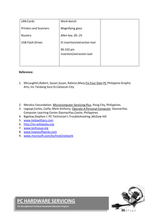 36 | P a g e
PC HARDWARE SERVICING
The Strengthened Technical-Vocational Education Program
LAN Cards
Printers and Scanners
Routers
USB Flash Drives
Work bench
Magnifying glass
Allen key .05-.25
IC insertion/extraction tool
RS-232 pin
insertion/extraction tool
Reference:
1. McLaughlin,Robert, Sasser,Susan, Ralston,Mary.Fix Your Own PC.Philippine Graphic
Arts, Inc Tandang Sora St.Caloocan City
2. Meralco Faoundation. Microcomputer Servicing Plus
3. Legaspi,Carlos, Caiña, Mark Anthony.
. Pasig City, Philippines.
Operate A Personal Computer
4. Bigelow,Stephen J. PC Technician’s Troubleshooting ,McGaw Hill
. Dasmariñas
Computer Learning Center.Dasmariñas,Cavite, Philippines
5. www.helpwithpcs.com
6. http://en.wikipedia.org
7. www.techsoup.org
8. www.howstuffworks.com
9. www.microsoft.com/technet/network
 