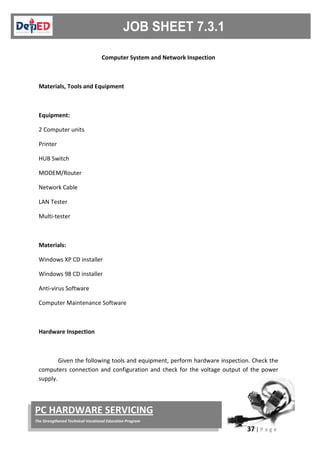 37 | P a g e
PC HARDWARE SERVICING
The Strengthened Technical-Vocational Education Program
Computer System and Network Inspection
Materials, Tools and Equipment
Equipment:
2 Computer units
Printer
HUB Switch
MODEM/Router
Network Cable
LAN Tester
Multi-tester
Materials:
Windows XP CD installer
Windows 98 CD installer
Anti-virus Software
Computer Maintenance Software
Hardware Inspection
Given the following tools and equipment, perform hardware inspection. Check the
computers connection and configuration and check for the voltage output of the power
supply.
 