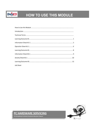  
1 | P a g e  
 
PC HARDWARE SERVICING 
The Strengthened Technical‐Vocational Education Program 
 
 
                                                                                                                                      
     
 
How to Use this Module .......................................................................................................  
Introduction ..........................................................................................................................  
Technical Terms ....................................................................................................................  
Learning Outcome #1 .......................................................................................................... 1 
Information Sheet #1‐1 ....................................................................................................... 2 
Operation Sheet #1‐1 .......................................................................................................... 6 
Learning Outcome #2 .......................................................................................................... 8 
Information Sheet #2.1 ....................................................................................................... 9        
Activity Sheet #2.1 ............................................................................................................ 10 
Learning Outcome #3 ........................................................................................................ 13 
Job Sheet 
 
 
 
 
 
 
 
 
 
 
 
 
 
 
 
 
 
 
   
 