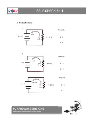  
8 | P a g e  
 
PC HARDWARE SERVICING 
The Strengthened Technical‐Vocational Education Program 
 
 
 
A. Practice Problems: 
 
1.  
 
 
 
 
 
 
2.  
 
 
 
 
 
 
 
 
 
 
 
 
 
 
 
E = 25 V 
R = 25 Ω 
Required… 
 
G. I 
 
H. P 
 
 
 
 
I = ? 
E = ? 
R = 72 Ω 
Required… 
 
E. E 
 
F. P 
 
 
 
 
I = 9A 
E = ? 
P = 100W 
Required… 
 
C. R 
 
D. E 
 
 
 
 
I = 25 A 
 