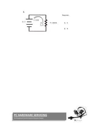  
9 | P a g e  
 
PC HARDWARE SERVICING 
The Strengthened Technical‐Vocational Education Program 
3.  
 
 
 
 
 
 
 
 
 
 
 
 
 
 
 
 
 
 
 
 
 
 
 
 
 
E = ? 
P = 350 W
Required… 
 
A. E 
 
B. R 
 
 
 
 
I = 4.5A 
 