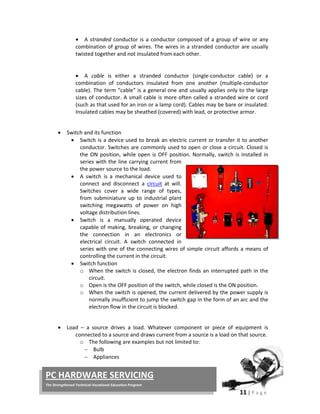  
11 | P a g e  
 
PC HARDWARE SERVICING 
The Strengthened Technical‐Vocational Education Program 
 A stranded conductor is a conductor composed of a group of wire or any 
combination of group of wires. The wires in a stranded conductor are usually 
twisted together and not insulated from each other.  
 
 
 A  cable  is  either  a  stranded  conductor  (single‐conductor  cable)  or  a 
combination  of  conductors  insulated  from  one  another  (multiple‐conductor 
cable). The term “cable” is a general one and usually applies only to the large 
sizes of conductor. A small cable is more often called a stranded wire or cord 
(such as that used for an iron or a lamp cord). Cables may be bare or insulated. 
Insulated cables may be sheathed (covered) with lead, or protective armor.   
 
 Switch and its function 
 Switch is a device used to break an electric current or transfer it to another 
conductor. Switches are commonly used to open or close a circuit. Closed is 
the ON position, while open is OFF position. Normally, switch is installed in 
series with the line carrying current from 
the power source to the load.  
 A  switch  is  a  mechanical  device  used  to 
connect  and  disconnect  a  circuit  at  will. 
Switches  cover  a  wide  range  of  types, 
from  subminiature  up  to  industrial  plant 
switching  megawatts  of  power  on  high 
voltage distribution lines. 
 Switch  is  a  manually  operated  device 
capable of making, breaking, or changing 
the  connection  in  an  electronics  or 
electrical  circuit.  A  switch  connected  in 
series with one of the connecting wires of simple circuit affords a means of 
controlling the current in the circuit.  
 Switch function 
o When the switch is closed, the electron finds an interrupted path in the 
circuit. 
o Open is the OFF position of the switch, while closed is the ON position.  
o When the switch is opened, the current delivered by the power supply is 
normally insufficient to jump the switch gap in the form of an arc and the 
electron flow in the circuit is blocked.  
 
 Load  –  a  source  drives  a  load.  Whatever  component  or  piece  of  equipment  is 
connected to a source and draws current from a source is a load on that source.  
o The following are examples but not limited to: 
 Bulb  
 Appliances 
 
 