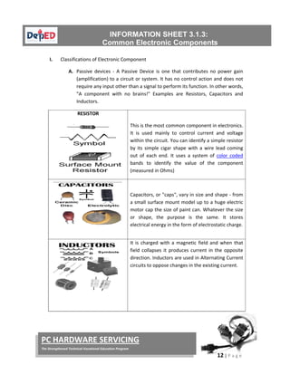 
12 | P a g e  
 
PC HARDWARE SERVICING 
The Strengthened Technical‐Vocational Education Program 
 
 
I. Classifications of Electronic Component  
A. Passive  devices  ‐  A  Passive  Device  is  one  that  contributes  no  power  gain 
(amplification) to a circuit or system. It has no control action and does not 
require any input other than a signal to perform its function. In other words, 
"A  component  with  no  brains!"  Examples  are  Resistors,  Capacitors  and 
Inductors. 
RESISTOR 
 
 
This is the most common component in electronics. 
It  is  used  mainly  to  control  current  and  voltage 
within the circuit. You can identify a simple resistor 
by its simple cigar shape with a wire lead coming 
out  of  each  end.  It  uses  a  system  of  color  coded 
bands  to  identify  the  value  of  the  component 
(measured in Ohms) 
 
 
 
 
 
Capacitors, or "caps", vary in size and shape ‐ from 
a small surface mount model up to a huge electric 
motor cap the size of paint can. Whatever the size 
or  shape,  the  purpose  is  the  same.  It  stores 
electrical energy in the form of electrostatic charge.
 
 
 
 
 
 
It is charged with a magnetic field and when that 
field  collapses  it produces  current  in the  opposite 
direction. Inductors are used in Alternating Current 
circuits to oppose changes in the existing current. 
 
 
 