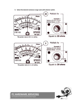  
24 | P a g e  
 
PC HARDWARE SERVICING 
The Strengthened Technical‐Vocational Education Program 
4. Select the desired resistance range scale with selector switch. 
 
 
 
 
 
 
 
 
 
 
 
 
 
 
 
 
 
 
 
 
 
 
 
 
 
 
 
 
