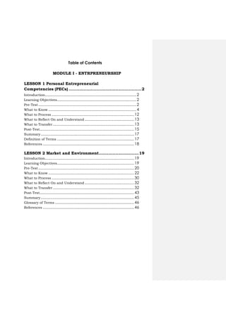 Table of Contents
MODULE I - ENTRPRENEURSHIP
LESSON 1 Personal Entrepreneurial
Competencies (PECs) .....................................................2
Introduction...................................................................................2
Learning Objectives........................................................................2
Pre-Test .........................................................................................2
What to Know ................................................................................4
What to Process ...........................................................................12
What to Reflect On and Understand.............................................13
What to Transfer..........................................................................13
Post-Test......................................................................................15
Summary.....................................................................................17
Definition of Terms ......................................................................17
References ...................................................................................18
LESSON 2 Market and Environment.............................19
Introduction.................................................................................19
Learning Objectives......................................................................19
Pre-Test .......................................................................................20
What to Know ..............................................................................22
What to Process ...........................................................................30
What to Reflect On and Understand.............................................32
What to Transfer..........................................................................32
Post-Test......................................................................................43
Summary.....................................................................................45
Glossary of Terms ........................................................................46
References ...................................................................................46
 