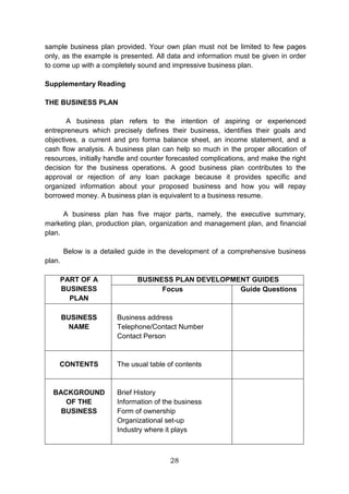 28
sample business plan provided. Your own plan must not be limited to few pages
only, as the example is presented. All data and information must be given in order
to come up with a completely sound and impressive business plan.
Supplementary Reading
THE BUSINESS PLAN
A business plan refers to the intention of aspiring or experienced
entrepreneurs which precisely defines their business, identifies their goals and
objectives, a current and pro forma balance sheet, an income statement, and a
cash flow analysis. A business plan can help so much in the proper allocation of
resources, initially handle and counter forecasted complications, and make the right
decision for the business operations. A good business plan contributes to the
approval or rejection of any loan package because it provides specific and
organized information about your proposed business and how you will repay
borrowed money. A business plan is equivalent to a business resume.
A business plan has five major parts, namely, the executive summary,
marketing plan, production plan, organization and management plan, and financial
plan.
Below is a detailed guide in the development of a comprehensive business
plan.
PART OF A
BUSINESS
PLAN
BUSINESS PLAN DEVELOPMENT GUIDES
Focus Guide Questions
BUSINESS
NAME
Business address
Telephone/Contact Number
Contact Person
CONTENTS The usual table of contents
BACKGROUND
OF THE
BUSINESS
Brief History
Information of the business
Form of ownership
Organizational set-up
Industry where it plays
 