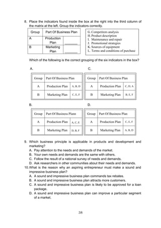 38
8. Place the indicators found inside the box at the right into the third column of
the matrix at the left. Group the indicators correctly.
Group Part Of Business Plan
A Production
Plan _______
B Marketing
Plan _______
Which of the following is the correct grouping of the six indicators in the box?
A. C.
B. D.
9. Which business principle is applicable in products and development and
marketing?
A. Pay attention to the needs and demands of the market.
B. Your own needs and demands are the same with others.
C. Follow the result of a national survey of needs and demands.
D. Ask researchers in other communities about their needs and demands.
10.What is the reason why an aspiring entrepreneur must make a sound and
impressive business plan?
A. A sound and impressive business plan commands tax rebates.
B. A sound and impressive business plan attracts more customers.
C. A sound and impressive business plan is likely to be approved for a loan
package.
D. A sound and impressive business plan can improve a particular segment
of a market.
G. Competitors analysis
H. Product description
I. Maintenance and repair
J. Promotional strategies
K. Sources of equipment
L. Terms and conditions of purchase
Group Part Of Business Plan
A Production Plan A, B, D
B Marketing Plan C, E, F
Group Part Of Business Plan
A Production Plan C, D, A
B Marketing Plan B, E, F
Group Part Of Business Plann
A Production Plan A, C, E
B Marketing Plan D, B, F
Group Part Of Business Plan
A Production Plan C, E, F
B Marketing Plan A, B, D
 